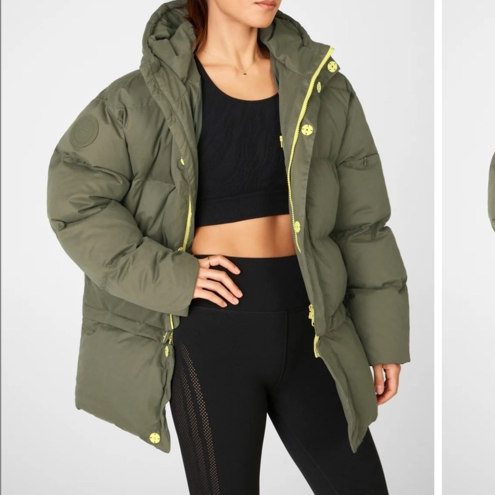 Fabletics Green Puffer Jacket with Neon Accents Winter